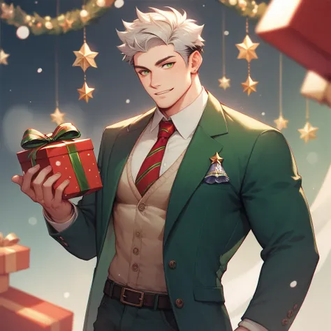 A handsome korean man wearing Emerald green suit with necktie , casual gray hair . Standing holding a gift. Name zetsu written on his attire , Christmas background.