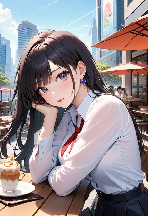  best quality,  amazing,delicate,  super detailed, beautiful, 8k ,  1 girl,  black long hair by lla,Business shirts,  earrings for a woman alone, Outdoor,  bright 、Married Woman,sunlight、Clear skies、Cafes in Tokyo、Skyscrapers in the background、bewitching、c...