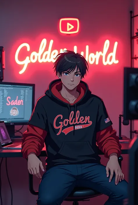 Create a vibrant and extremely engaging anime-style
35-year-old boy with a beer  appearance, sitting in front of a
computer desk. He is wearing a black and red hoodie with the
Channel Name GOLDEN WORLD on it. The setup includes
a microphone and a laptop on...