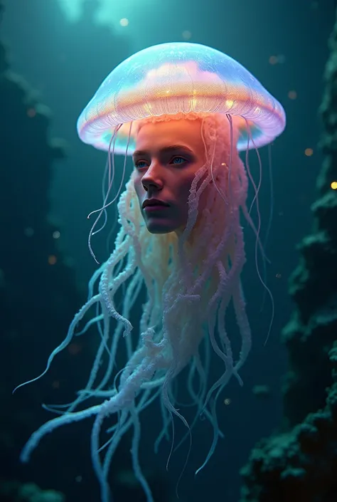 Transparent rainbow colored jellyfish with male human head,deep sea background .