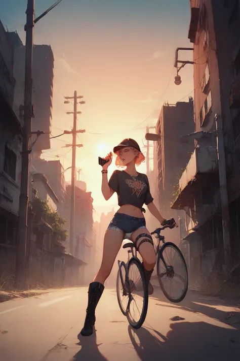 a girl rides a bicycle, holding handgun, denim miniskirt, white panties, knee high boots, abandoned city, sunset,
