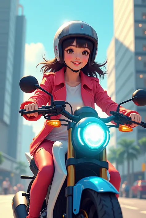 A beautiful Korean girl smiling sweetly is riding an electric motorcycle 