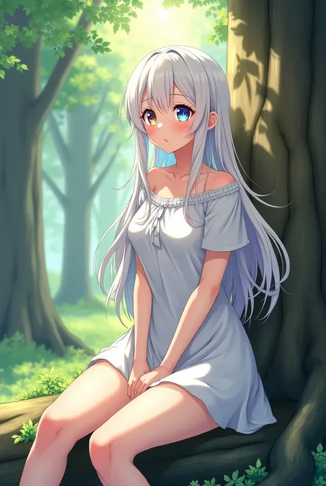 Woman in her 30s in anime drawing style wearing a white one-piece dress with long white hair and the tips of her hair are rainbow colors,  has heterochromia one eye has a pupil of colors such as black , gray, brown,  white and red and the other eye has a y...