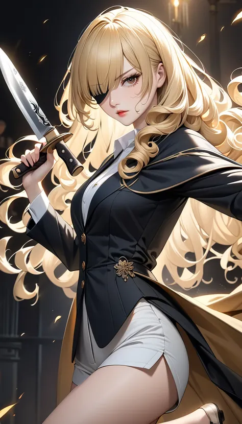 solo。
 realistic drawing。High image quality。 High Quality 。 slender。British women。 blonde hair 。Curly long hair。 hide one eye with bangs。curly side hair 。gorgeous cloak。 Elegant Outfits 。 shirt and hotpants。Knife-wielding killer 