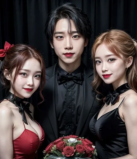 Family male and female smiles, 5 selfish people, make up beautifully, red lipstick, black singlet and black flower bow