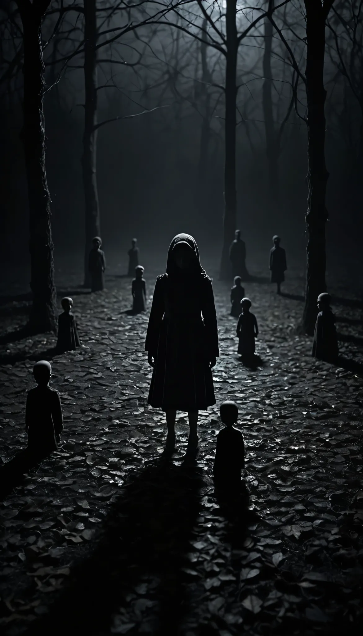 create a creepy and suspenseful image featuring small, frightened figures. place these figures in a dark and eerie setting, with...