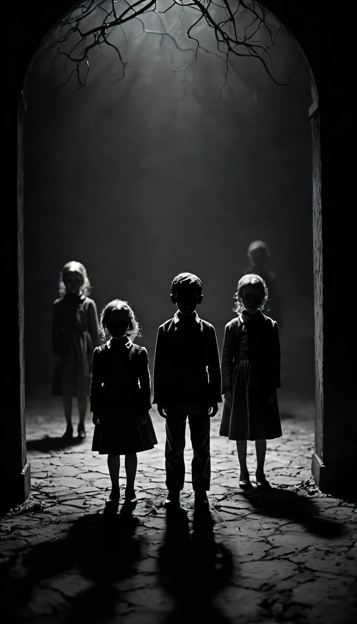 create a creepy and suspenseful image featuring small, frightened figures. place these figures in a dark and eerie setting, with...