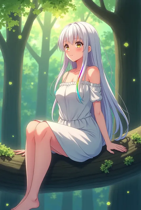 Woman in her 30s in anime drawing style wearing a white one-piece dress with long white hair and the tips of her hair are rainbow colors,  has heterochromia one eye has a pupil of colors such as black , gray, brown,  white and red and the other eye has a y...