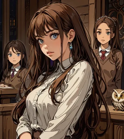 ( Absurdly ,  High Quality  ,   super detailed  ) ,( Handmade ) ,Girl with her daughters ,  very long hair,  beautiful crystal eyes ( Eye details ) ,,  elegant ,  colorful , HIGHEST DEFINITION , owl under guard