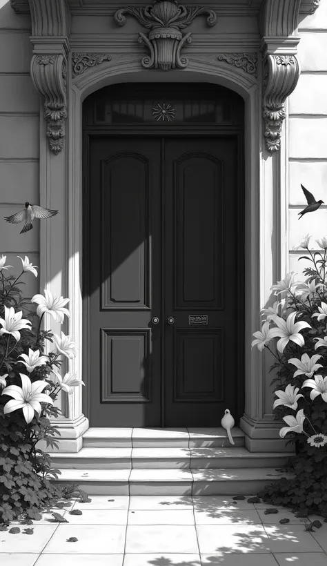 Create an image of a dormotory entrance with swallow and lilies designed black&white picture. Make it look like a real dormotory 