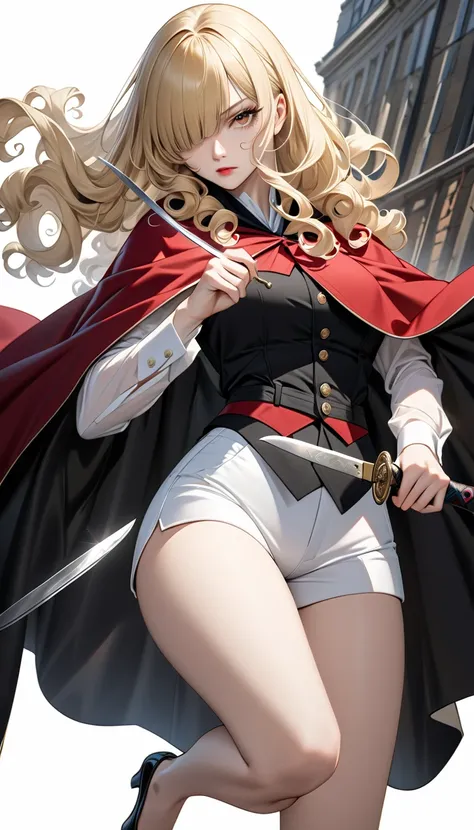 solo。
 realistic drawing。High image quality。 High Quality 。 slender。British women。 blonde hair 。Curly long hair。 hide one eye with bangs。curly side hair 。gorgeous cloak。 Elegant Outfits 。 shirt and hotpants。Knife-wielding killer 