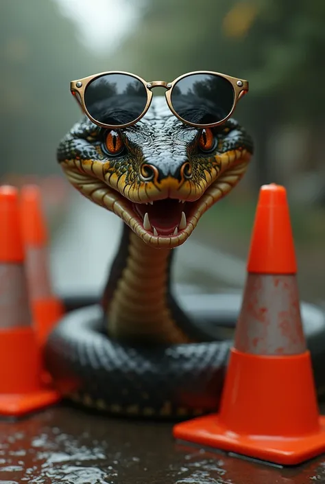 The snake in a “warning zone” with traffic cones around it, wearing tiny sunglasses, and a menacing grin showing its deadly fangs.