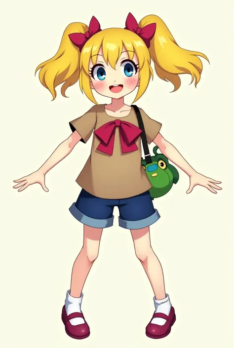 dark yellow hair,long two pigtails,brown short t-shirt,with red bow,no sleeves❌,blue eyes,blue short,dark pink shoes,red bow on head,frog bag