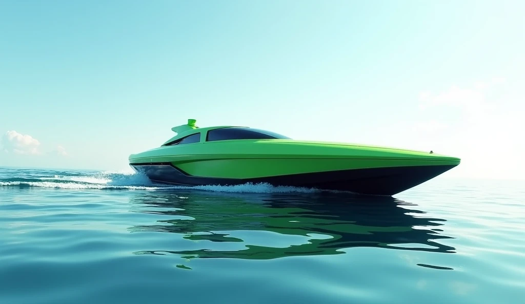 modern and futuristic ship in green and black colors gliding over the ocean with clear sunny sky