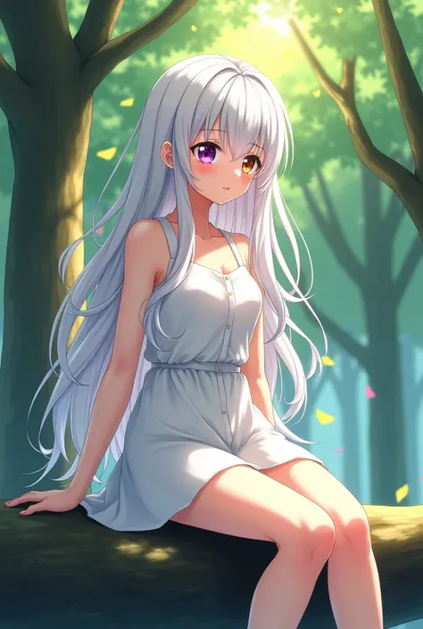 Woman in her 30s in anime drawing style wearing a white one-piece dress with long white hair and the tips of her hair are rainbow colors,  has heterochromia one eye has a pupil of colors such as black , gray, brown,  white and red and the other eye has a y...