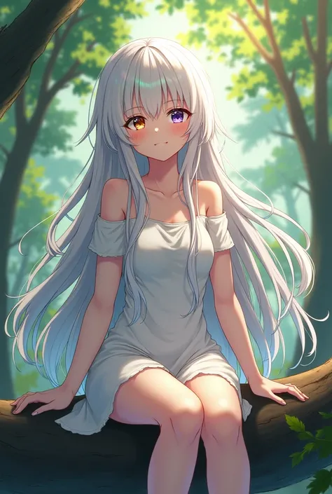 Woman in her 30s in anime drawing style wearing a white one-piece dress with long white hair and the tips of her hair are rainbow colors,  has heterochromia one eye has a pupil of colors such as black , gray, brown,  white and red and the other eye has a y...