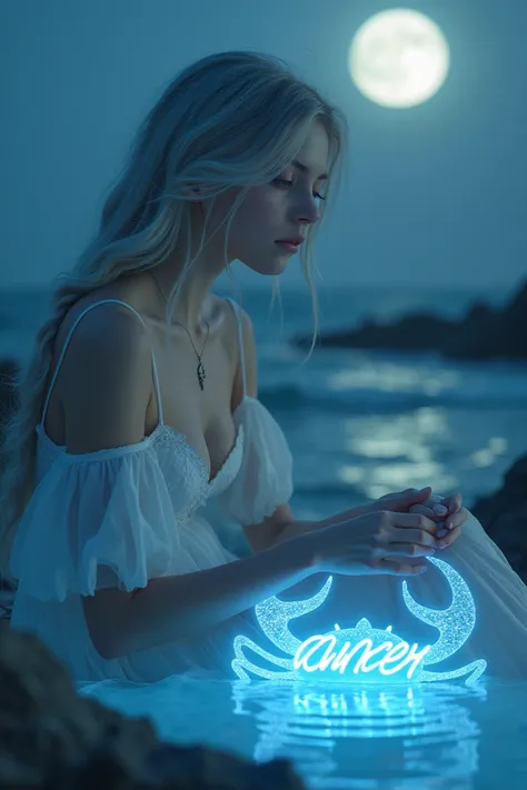 Prompt

A professional SLR photo This captivating portrait captures the essence of a 18-year-old woman - A graceful 18-year-old woman

with silver hair, wearing a soft, flowing dress in shades of white and pale blue. She sits near a glowing tidepool under ...