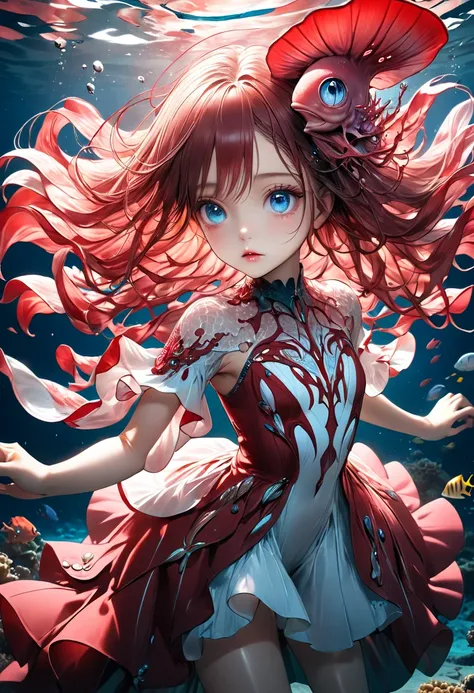 (masterpiece, best quality:1.2), (absurdres, highres, ultra-detailed), (perfect anatomy), (underwater), red Opisthoteuthis depressa has become a human girl,best quality, you are a design professional,full body shot,Two or more illustrations must be generat...