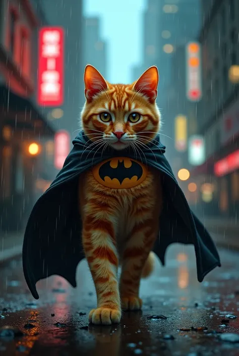 An orange cat wearing an batMan suit in gottham city nigth