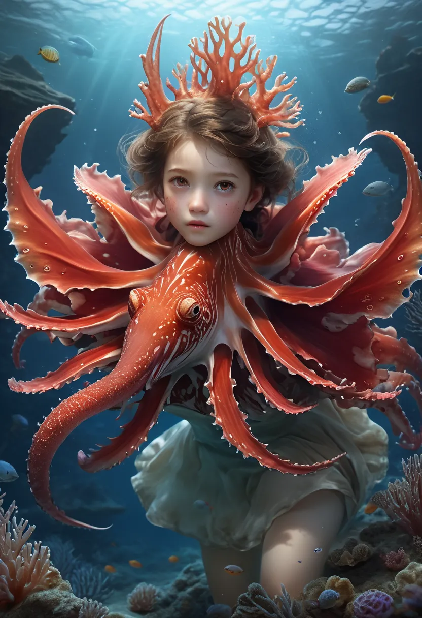 (masterpiece, best quality:1.2), (absurdres, highres, ultra-detailed), (perfect anatomy), (underwater), red opisthoteuthis depre...