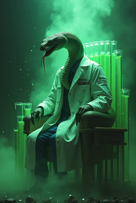 The snake coiled on a throne of test tubes, wearing a mad scientist coat and grinning evilly, surrounded by green, glowing mist.
