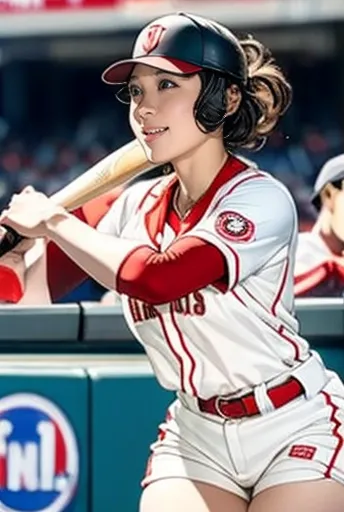 a very beautiful woman wearing a hiroshima carp uniform,hitting at giants stadium、 bat