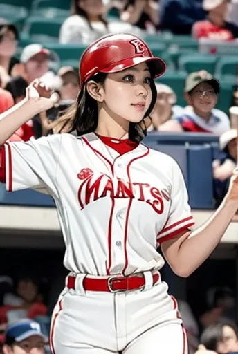 a very beautiful woman wearing a hiroshima carp uniform,hitting at giants stadium、 bat