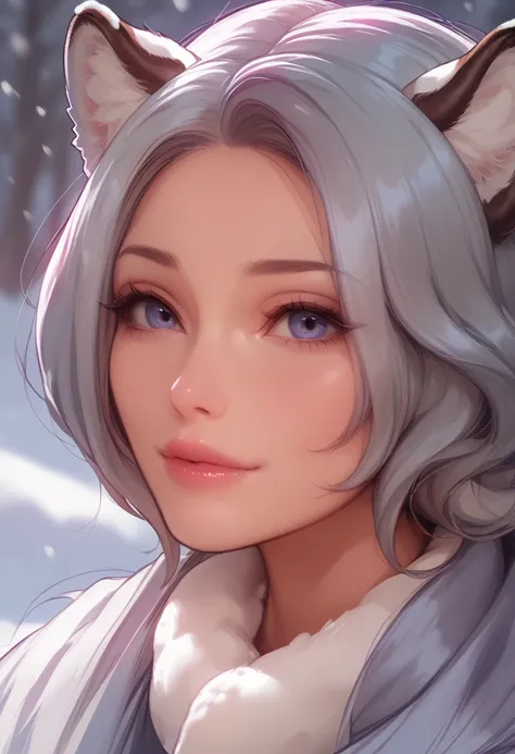 a beautiful woman, milf, snow leopard ears, (1 snow leopard tail), winter, winter clothes, light and shadow, (no NSFW), close up