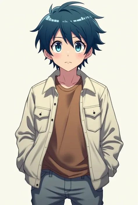 make a anime boy character with blue charcoal hair color, white eyes, brown shirt, ivory white trucker jacket and gray pants