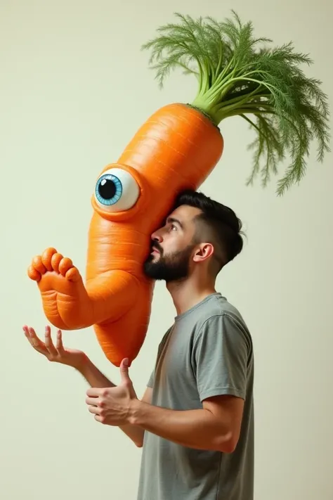 A man holding a carrot in. Hand  and carrot have is looking like a leg foot and it has eye ,nose,