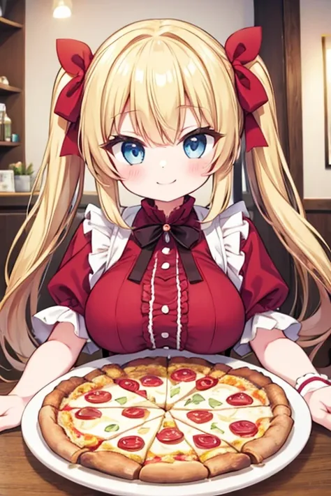 A happy smile,Large serving of pizza,large pizza,table,wine,Highest quality,Blonde with blue eyes、Lolita,large breasts、Twin tails、girl&#39;enjoy,smile,bonnet,