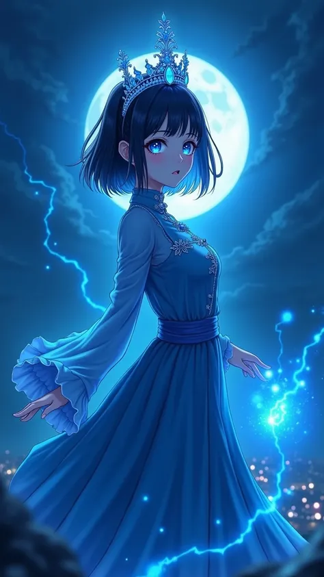 night, ((1 female)), alone, masterpiece, 8k wallpaper,  high resolution, absurdres,  High Quality Background , short hair, black hair,  multicolor hair ,   Beautiful Frozen Village  , (full moon),  Blue Dress ,   Detail Dress  ,  Jewel Dress , ( magic 】:1....