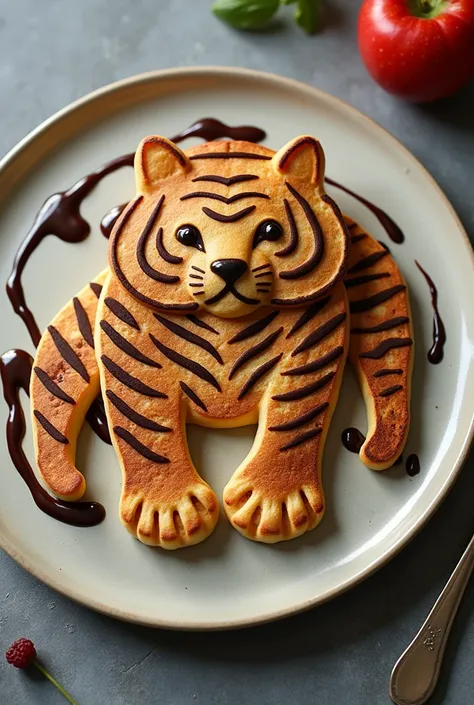 "Create a pancake shaped like a tiger by pouring batter in the form of a tigers body, head, and stripes, then cook until golden brown and decorate with chocolate sauce for the details."