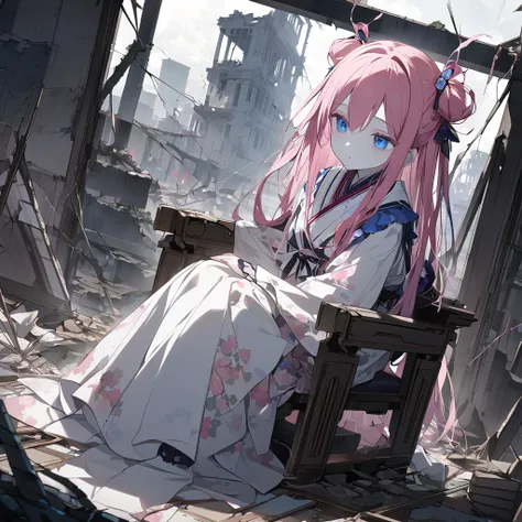  Depressed Girl 、Japanese、 、 girl with pink hair 、 blue eyes、 twin drill、、Pale skin、thin、Ruins、 sit on a chair、Countless cobwebs