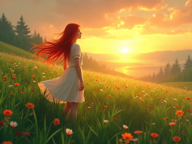 Request a background image with a girl with red hair standing on a grassy field staring at the setting sun.