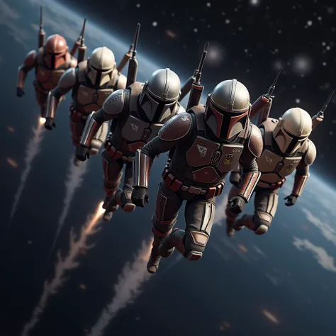 A team of Mandalorians Kryse men with their helmets tous different les un des autre dans l’espace avec leur jetpack en marche