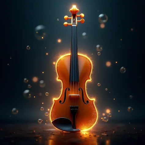 Create a vintage violin illuminated with golden light, surrounded by shimmering air bubbles. Use a deep navy background to highlight the instruments glow.