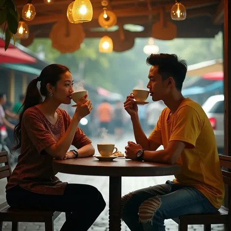 A beautiful woman wearing an elegant kebaya, her dimples adding charm to her smile, named Bulan Sutena, sitting at a roadside coffee stall. She sips coffee gracefully while engaging in a conversation with a thin, 25-year-old Indonesian man. The man has sho...