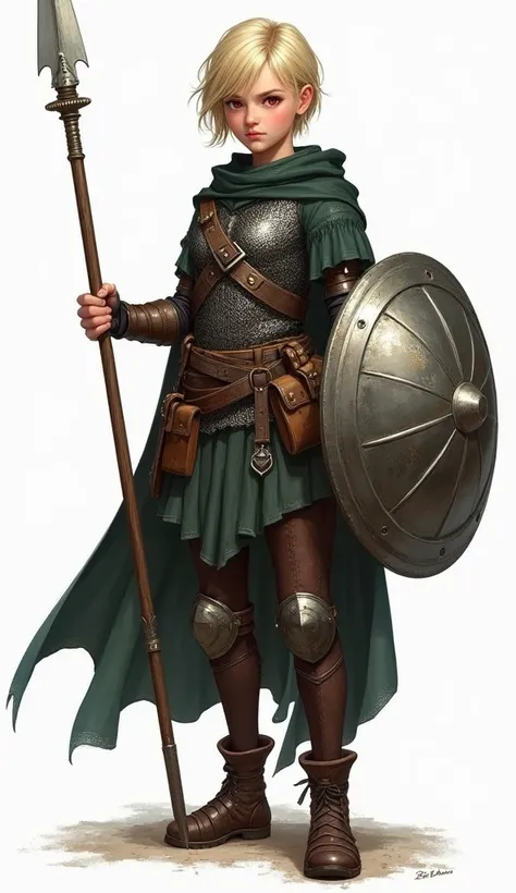 "A young female warrior standing confidently, holding a long spear in her right hand and a round metallic shield in her left. She has short blonde hair and striking red eyes, wearing a chainmail tunic layered with a dark green cloak that flows behind her. ...