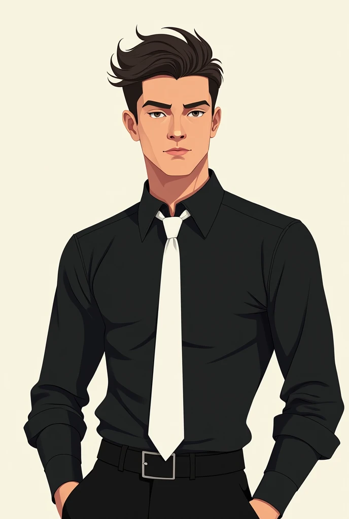 Handsome male character,2D, black shirt, white tie,  cat award