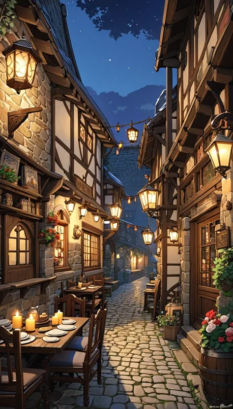  Medieval European-style cafe with iron chairs。 the stone walls are decorated with tapestries and old books, and the warm light of 、 candles illuminates the room 。 regular guests in medieval costumes such as tunics and capes 、 sipping hot drinks 、 I enjoy ...