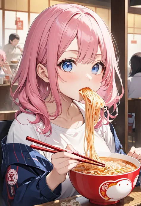 ( best quality),A woman slurps ramen,Eat with chopsticks、 girl with pink hair 、 blue eyes、 twin drill