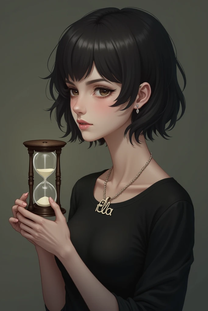 Beautiful lady, wearing a long sleeve black t-shirt, holding a sandglass, short hair, have a necklace say "ELLA"