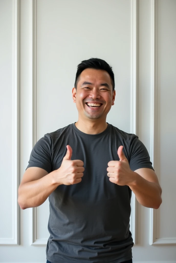 A middle-aged man with short black hair, wearing a dark gray t-shirt, smiling warmly while giving two thumbs up with both hands. The background features a white wall with simple panel patterns, creating a relaxed yet professional atmosphere