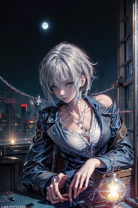 cinematic lighting、highest quality,A bright cyberpunk world、1 female、(20 year old beautiful woman、Detailed beautiful facial 、short blue hair、shoulder length hair、blue eyes:1.4)break,medium hair、（暗くblue hair:1.5）
break
 (Close-fitting dark blue jacket blaze...