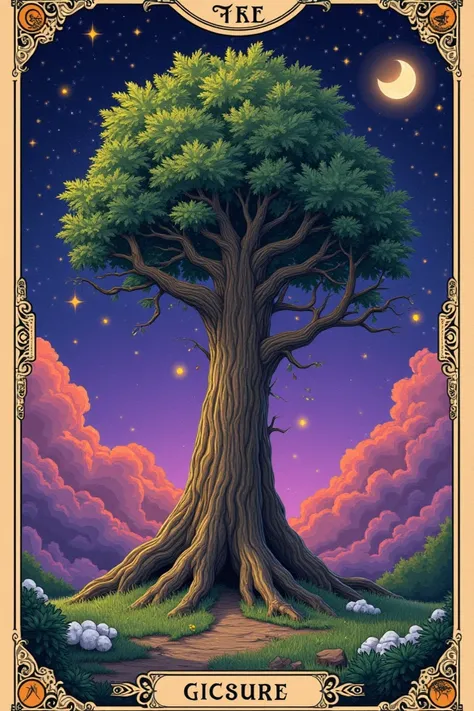 A beautiful tarot card with an esoteric message of a drunk wooden tree ,
 With small cotton flakes 
With a fat trunk
With some leafy branches 
With a bright crescent 
With bright purple clouds and small stars 
With astrological signs 