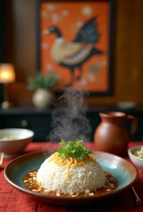 A photo of a duck hanging on the wall of Ling Tong ， There is also a serving of marinated white rice infused with three scents