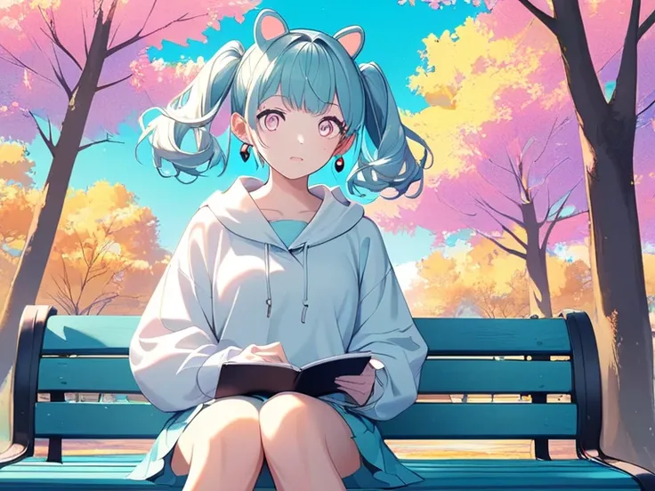 ((Halftone, front lighting, vivid color)),
Pastel colors,
((Highly detailed beautiful woman, detailed facial expression, detailed eyes, earrings in ears, full body)),
Blue short hair, twin tails,
(Pale shades, pastel colors),
Sitting on a park bench with a...