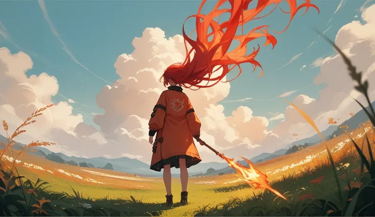 Request a background image with a fiery red haired anime girl standing on a grass field staring at the setting sun in a rear view.