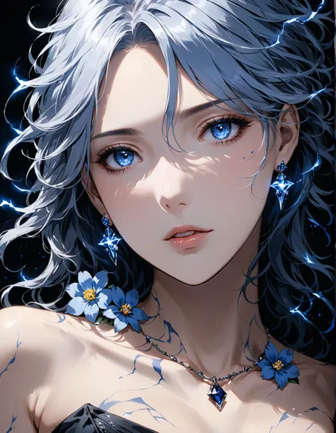 (  style textured skin  :0.8),  with a San Diego Caruso style texture , 
1 Girl, black background，Lie down， close your eyes ，Gray blue hair， messy soft hair  ， bare shoulders，  blue flower tattoo on the shoulder  ，necklace，  diamond sapphire earrings ， Bla...